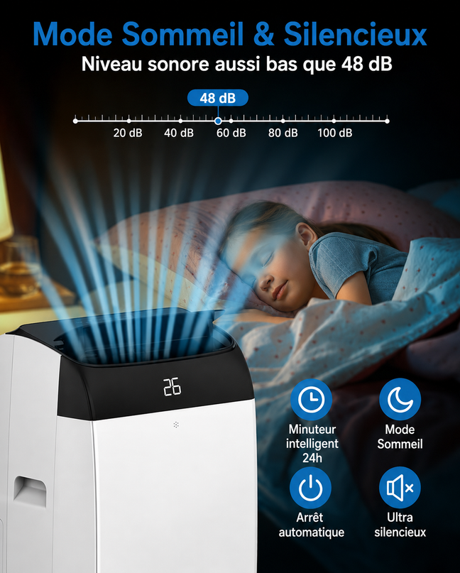 Climatiseur portable 3 en 1 - 10000 BTU (+40m²) – Silencieux - Refroidissement, déshumidification 30 L jour, ventilateur 2 vitesses – minuterie 24 h, affichage numérique