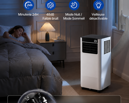 Climatiseur Mobile 7000 BTU (+ 20m²) 3-en-1 Écoénergétique Climatiseur Portable, Kit Fenêtre Inclus, Contrôle Via Appli Télécommande, Silencieux 48 dB, Minuterie 24 H, Idéal Pour Pièces Jusqu’à 20 m²