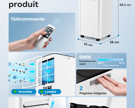 Climatiseur mobile 9000 BTU (+30m²) 2,6 kW (avec télécommande), climatiseur portable quatre en un, fonctionnement silencieux, écran LED, minuterie 24 heures