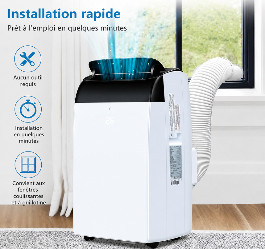 Climatiseur portable 3 en 1 - 10000 BTU (+40m²) – Silencieux - Refroidissement, déshumidification 30 L jour, ventilateur 2 vitesses – minuterie 24 h, affichage numérique