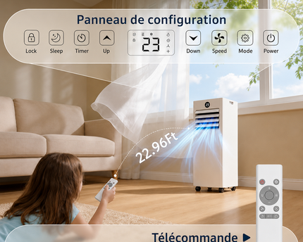 Climatiseur Mobile 9000 BTU (+30m²) 4 en 1 Silencieux - Télécommande, Minuterie 24h & Mode Sommeil,Clim Mobile pour Maison et Bureau,Kit d'Évacuation par Fenêtre Inclus