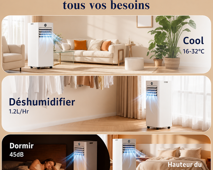 Climatiseur Mobile 9000 BTU (+30m²) 4 en 1 Silencieux - Télécommande, Minuterie 24h & Mode Sommeil,Clim Mobile pour Maison et Bureau,Kit d'Évacuation par Fenêtre Inclus