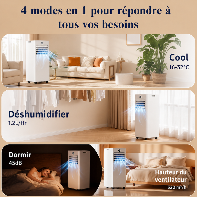 Climatiseur Mobile 9000 BTU (+30m²) 4 en 1 Silencieux - Télécommande, Minuterie 24h & Mode Sommeil,Clim Mobile pour Maison et Bureau,Kit d'Évacuation par Fenêtre Inclus