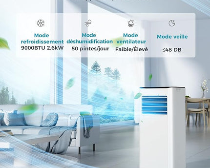 Climatiseur mobile 9000 BTU (+30m²) 2,6 kW (avec télécommande), climatiseur portable quatre en un, fonctionnement silencieux, écran LED, minuterie 24 heures